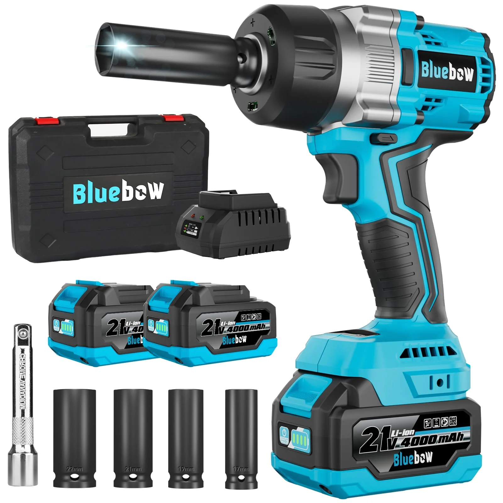 The 900 ft-lbs Bluebow impact wrench kit laid out with sockets, batteries and charger